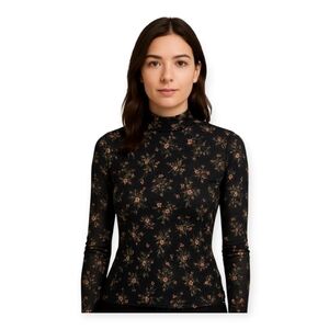 AFRM Black Semi-Sheer Floral Mesh Top Medium Long Sleeve Raw Edge Chic Top